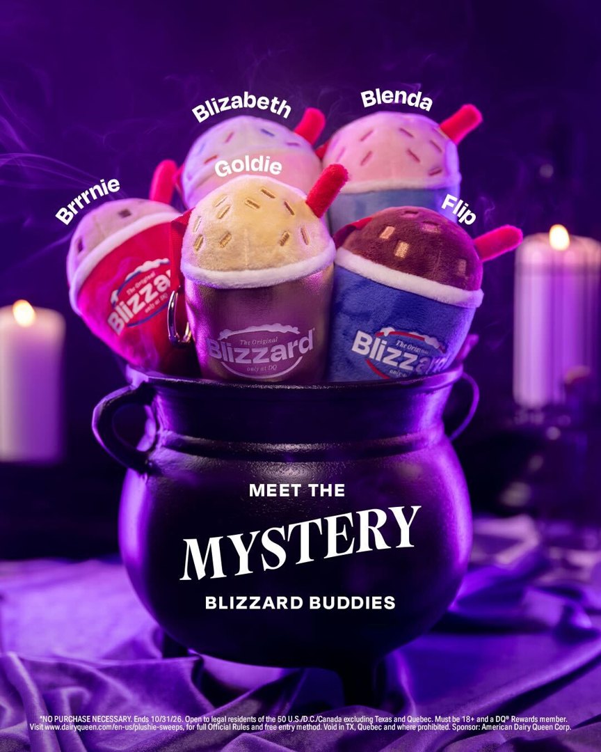 DQ Mystery Blizzard Buddies plush keychains: Blizabeth, Flip, Blenda, Brrrnie and Goldie
